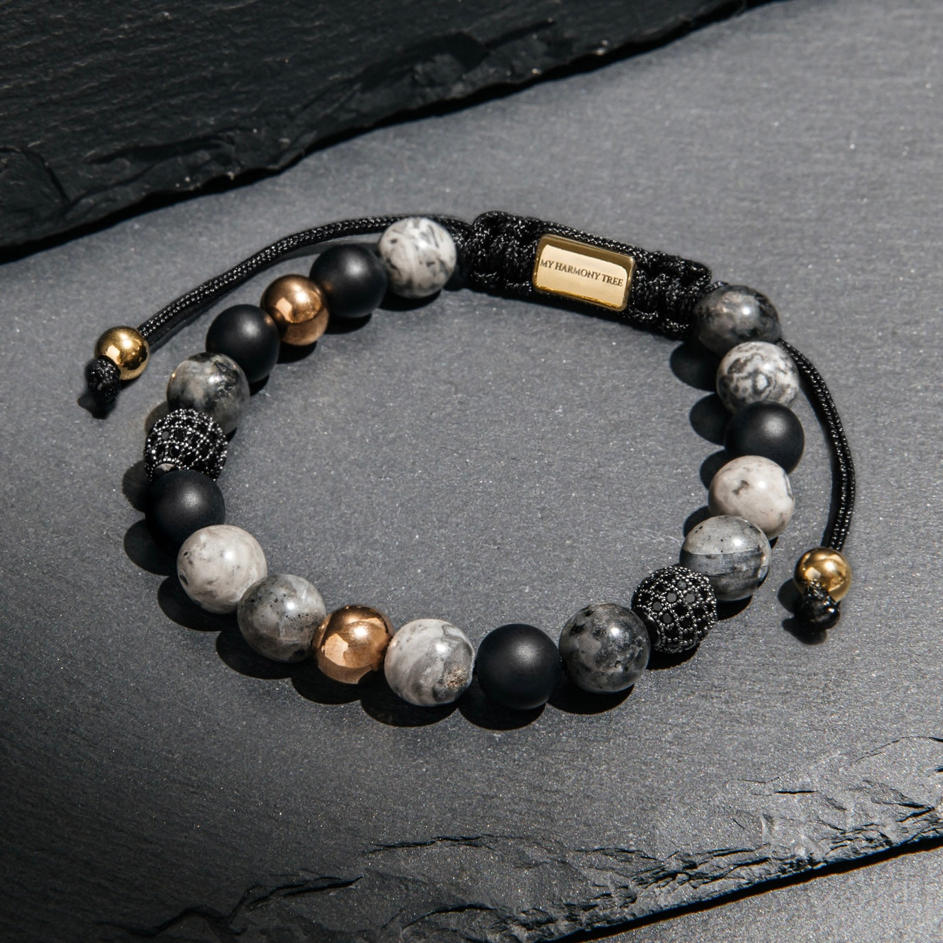 Black Onyx & Picture Jasper CZ Rose Beads Macrame Bracelet - My Harmony Tree