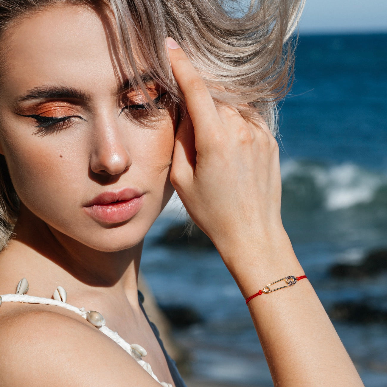 Safety Pin Blue Stones Red String Protection bracelet - My Harmony Tree