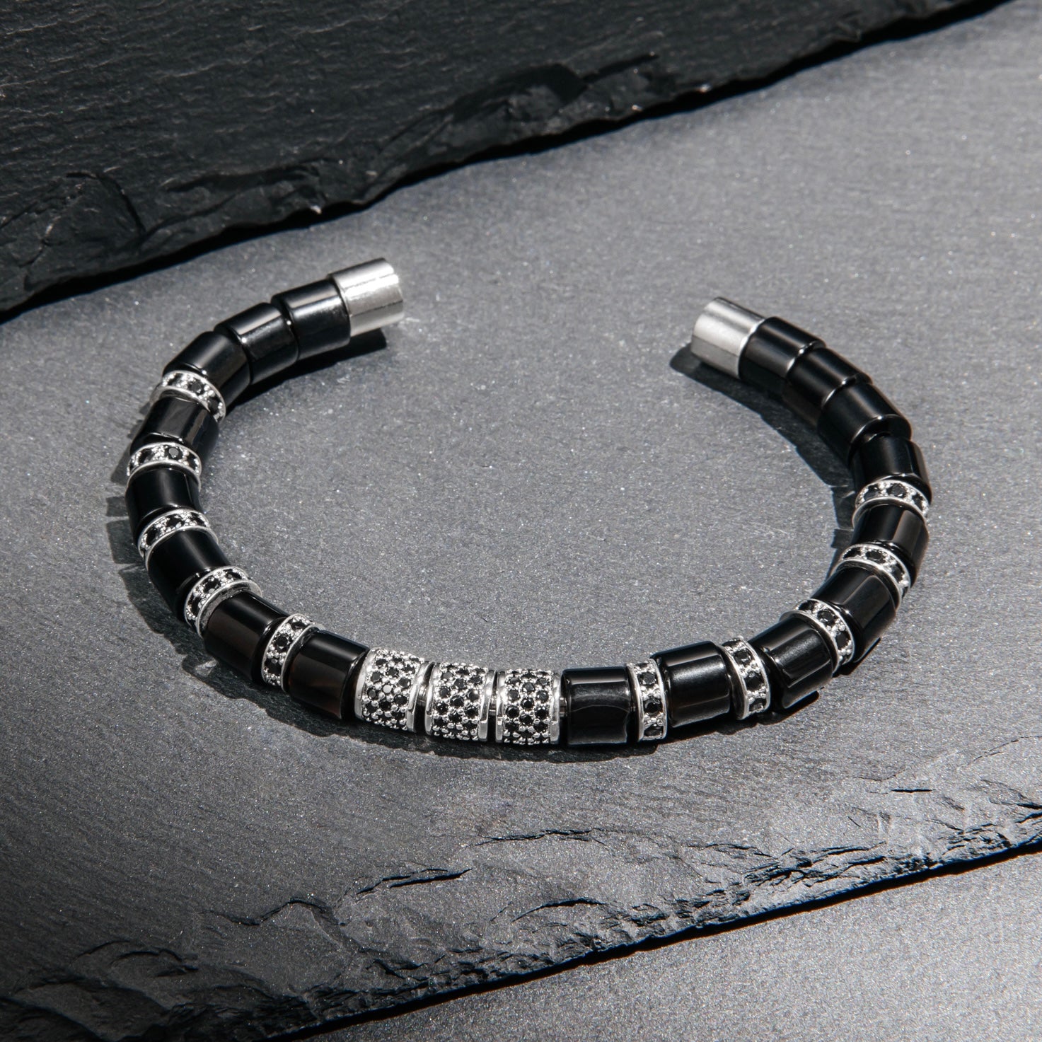Black Onyx & Silver Beads Cuff Bracelet - My Harmony Tree