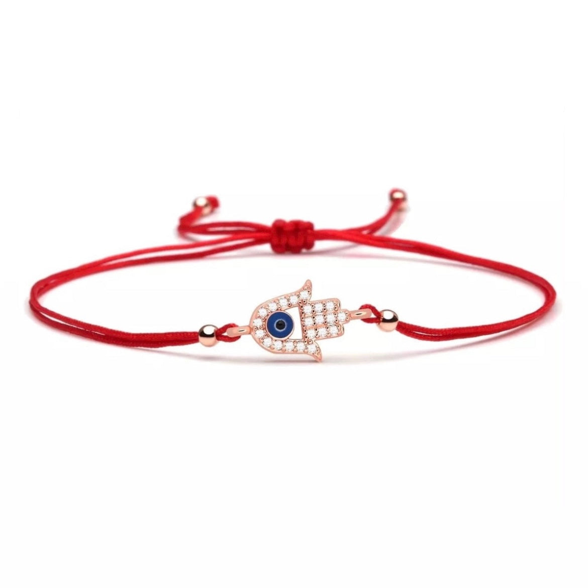 CZ Stones Rose Gold Hamsa Evil Eye Charm Red String Protection Bracelet - My Harmony Tree