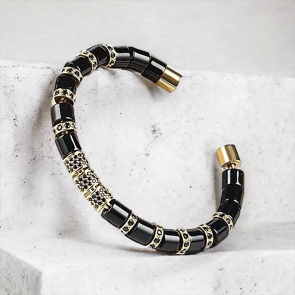 Black Onyx & Gold Beads Cuff Bracelet - My Harmony Tree