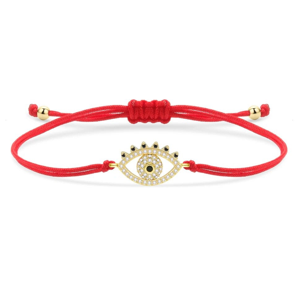 Gold Evil Eye Charm & Crystals Red String Protection Bracelet - My Harmony Tree