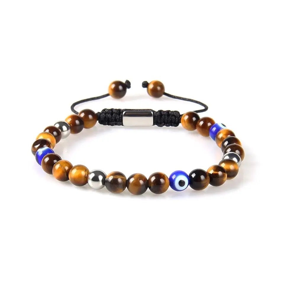 Tiger Eye Silver Beads & Blue Evil Eye Bracelet - My Harmony Tree