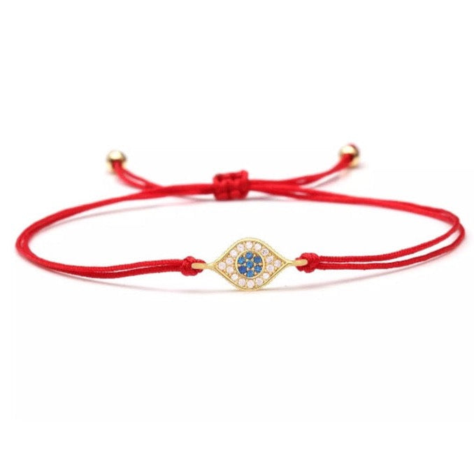 Blue CZ Stones Gold Evil Eye Charm Red String Protection Bracelet - My Harmony Tree