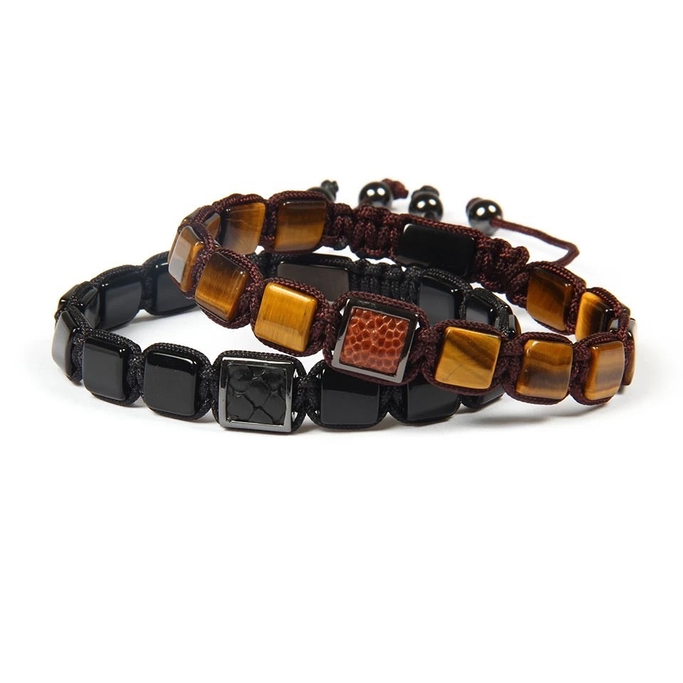 Set of Black Onyx & Tiger Eye Square Bead Braided Bracelets - MY HARMONY TREE
