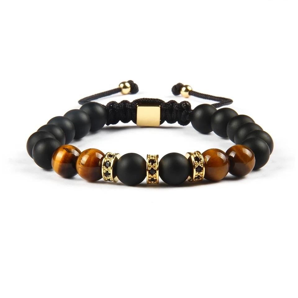 CZ Black Onyx, Tiger Eye & Gold Beads Bracelet - MY HARMONY TREE