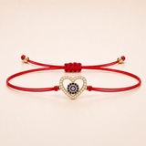 Gold Heart & Blue Evil Eye Charm Red String Protection Bracelet