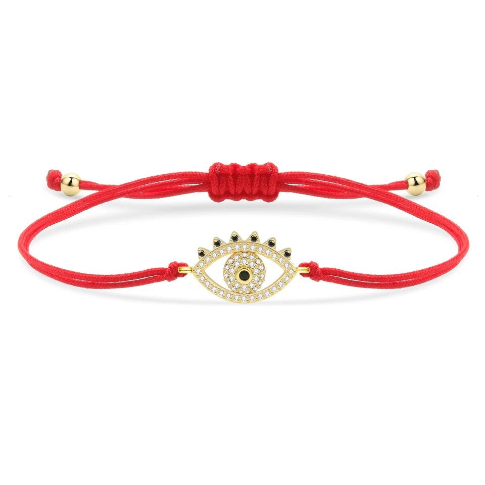 Gold Evil Eye Charm & Crystals Red String Protection Bracelet - My Harmony Tree