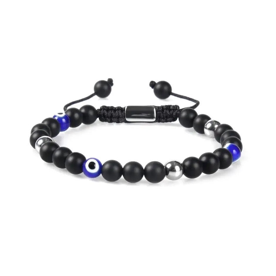 Black Onyx Silver Beads & Blue Evil Eye Bracelet - My Harmony Tree