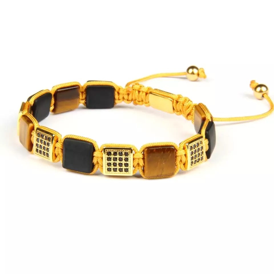 Black Onyx, Tiger Eye & Gold Square Beads Bracelet - My Harmony Tree